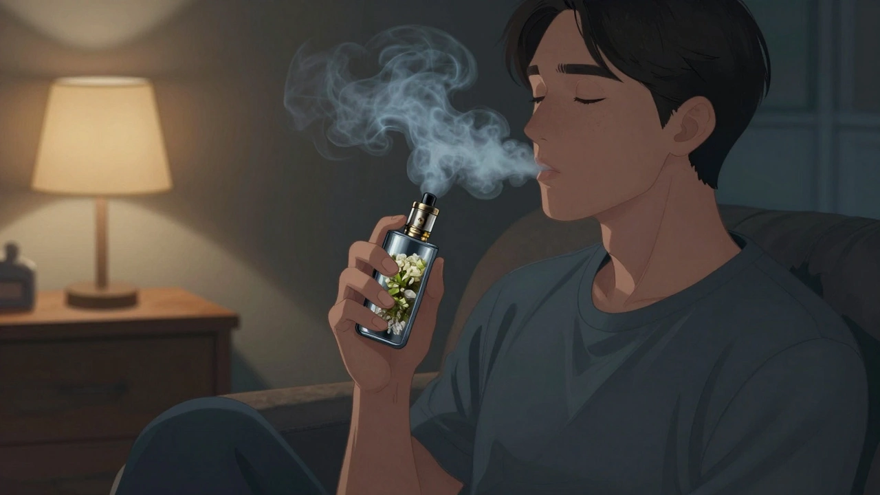 Person atmet sanft Dampf mit CBD-Kristallen aus einem Vape-Gerät, ruhige Atmosphäre.