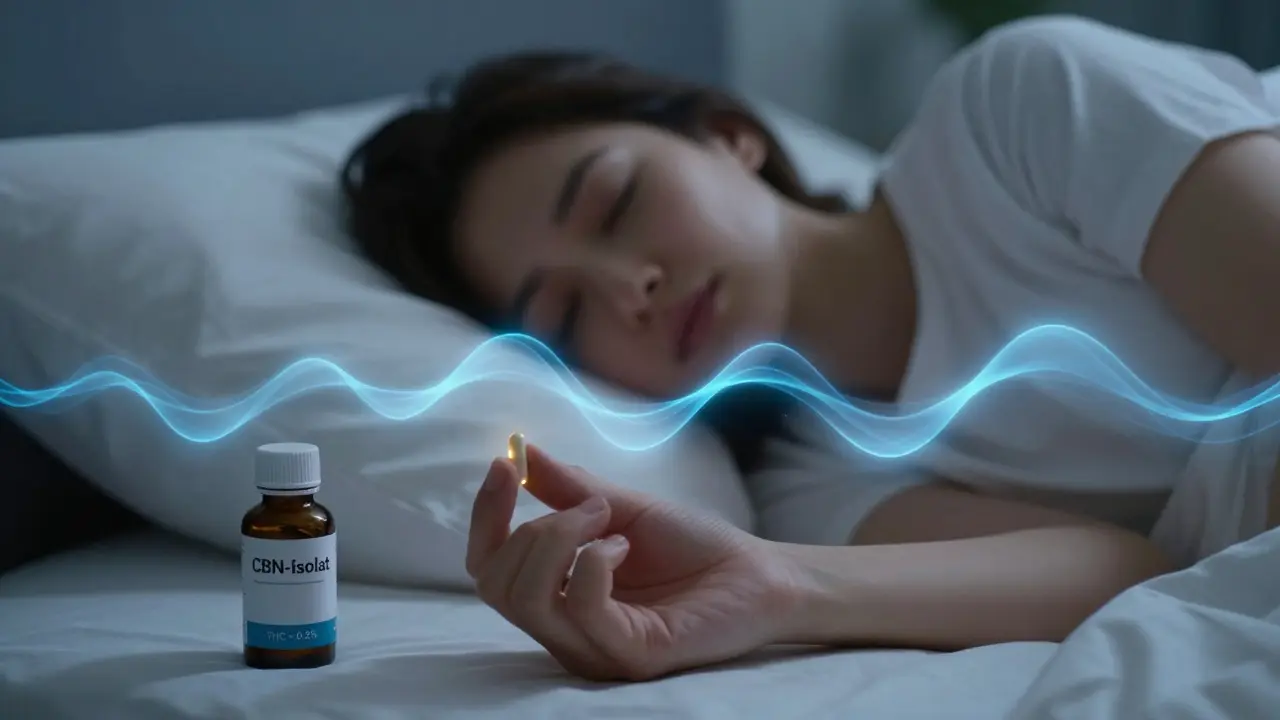 Person im Bett, hält CBN-Kapsel, sanfter Schlaf-Energiefluss, Flasche mit THC-Hinweis neben dem Bett.