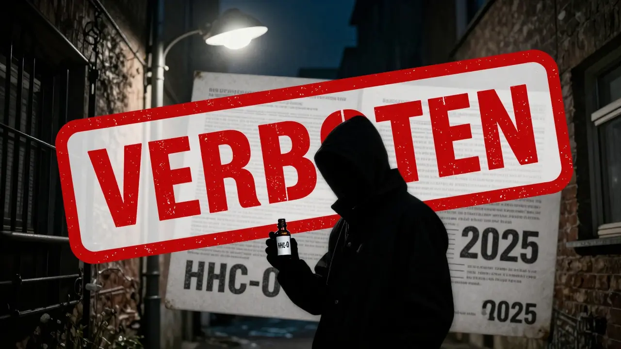 Person mit HHC-O-Flasche in dunkler Gasse, mit verboten-Symbol und Datum 2025.