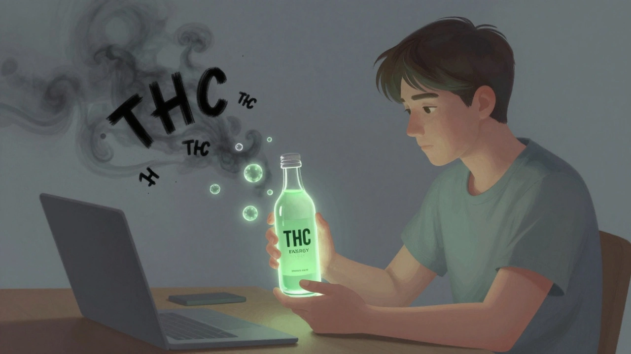 Person trinkt CBD-Getränk, während beruhigende CBD-Moleküle um sie schweben