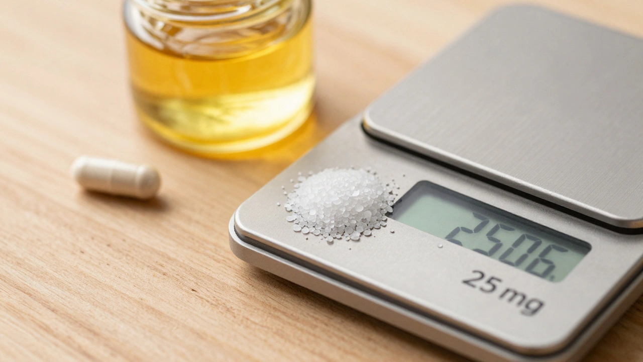 Reine CBD-Kristalle werden mit einer Waage genau abgewogen und in eine Kapsel gefüllt