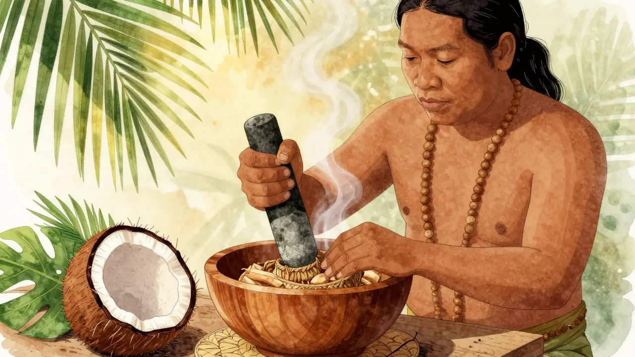 Traditionelle Zubereitung von Kava in einer pazifischen Inselkultur mit Holzschalen und Naturmaterialien.