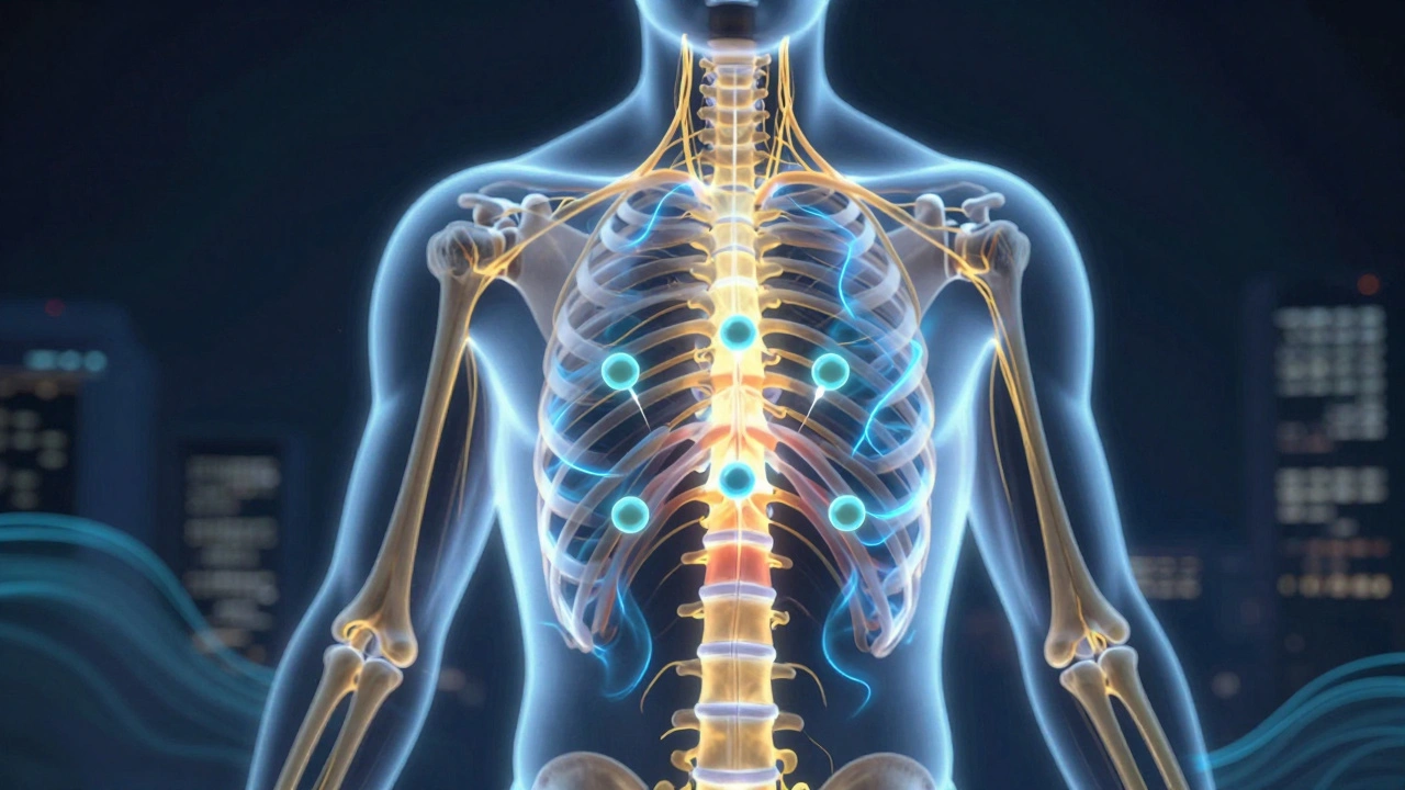 Transluzenter menschlicher Körper mit leuchtendem Endocannabinoid-System, CBD-Moleküle beruhigen Nervenschmerzen.