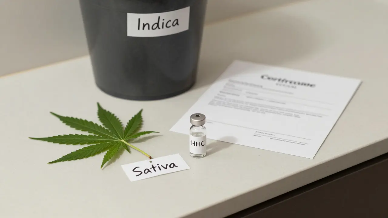 Verworfenen Sativa- und Indica-Blätter neben einer unbeschrifteten HHC-Flasche