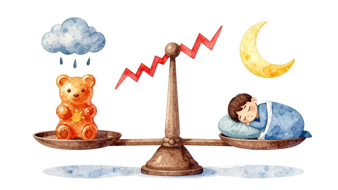 Waage mit CBD-Gummibärchen und schlafendem Menschen in sanfter Wasserfarbe.