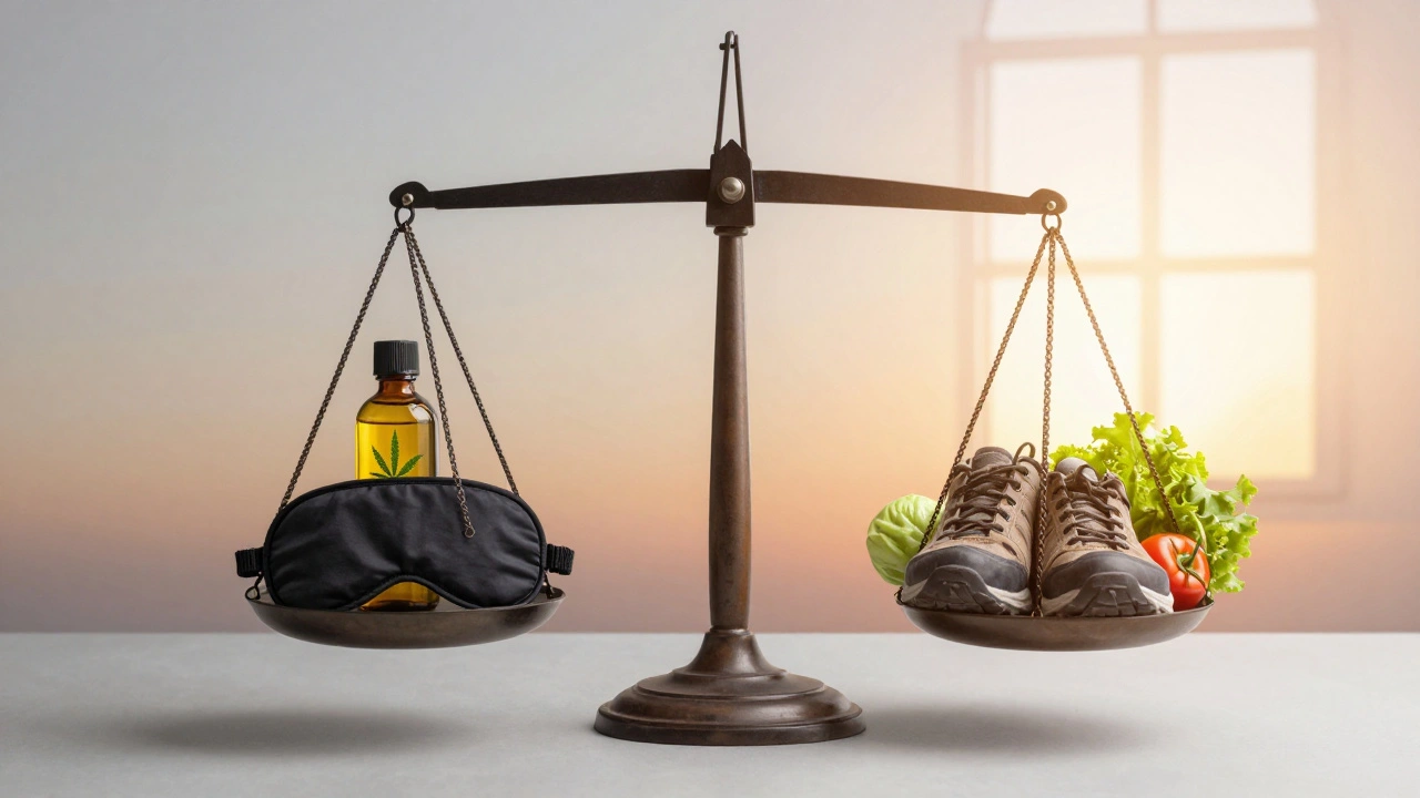 Waage mit Hanföl neben Lebensstil-Elementen: Bewegung, Essen und Licht als Balance.