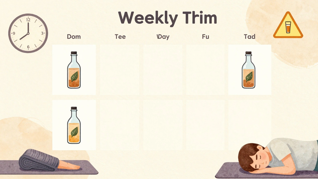 Wochentagkalender mit vier CBD-Tagen und zwei Pausentagen, umgeben von Ruhe- und Schlafsymbolen.