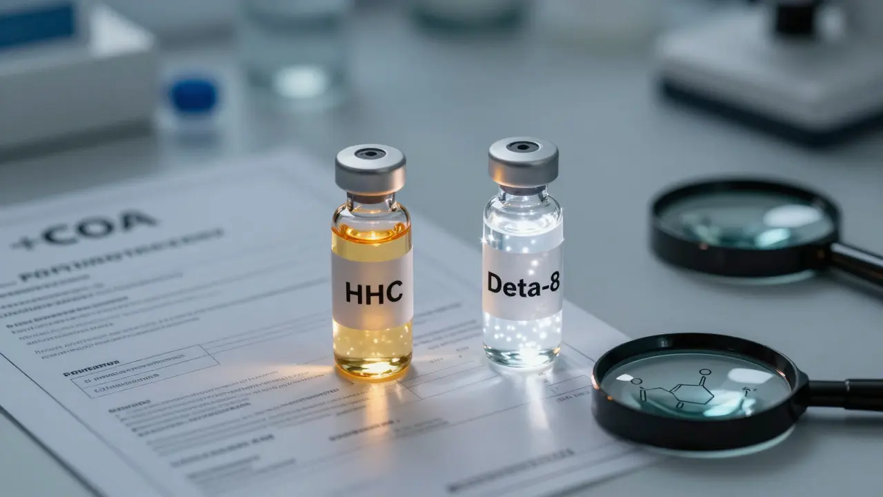 Zwei Fläschchen mit HHC und Delta-8 auf einem Labortisch, jeweils mit unterschiedlichen Lichtmustern und Zertifikaten umgeben.