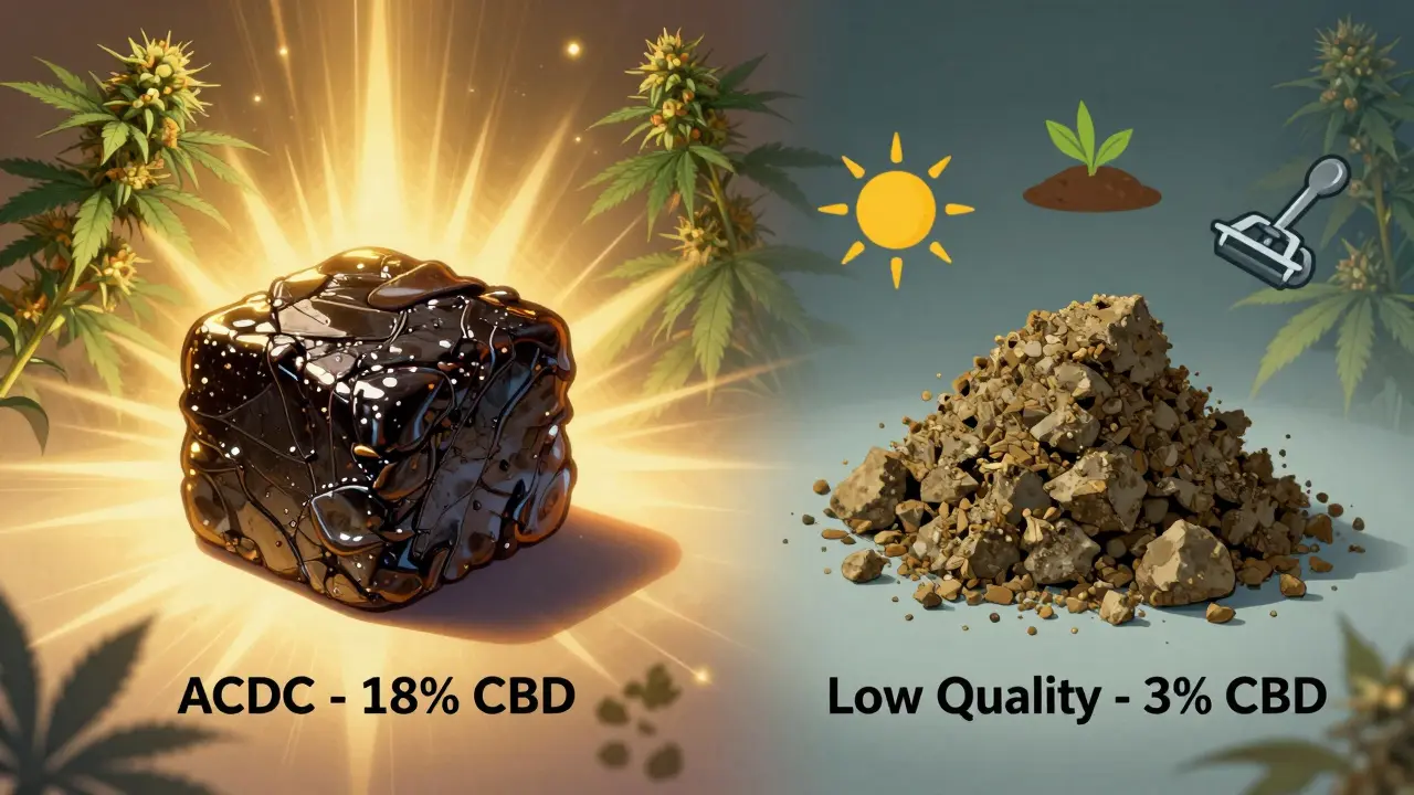 Zwei gegensätzliche CBD-Hash-Proben: hochwertig mit goldenem Licht und minderwertig im Schatten.