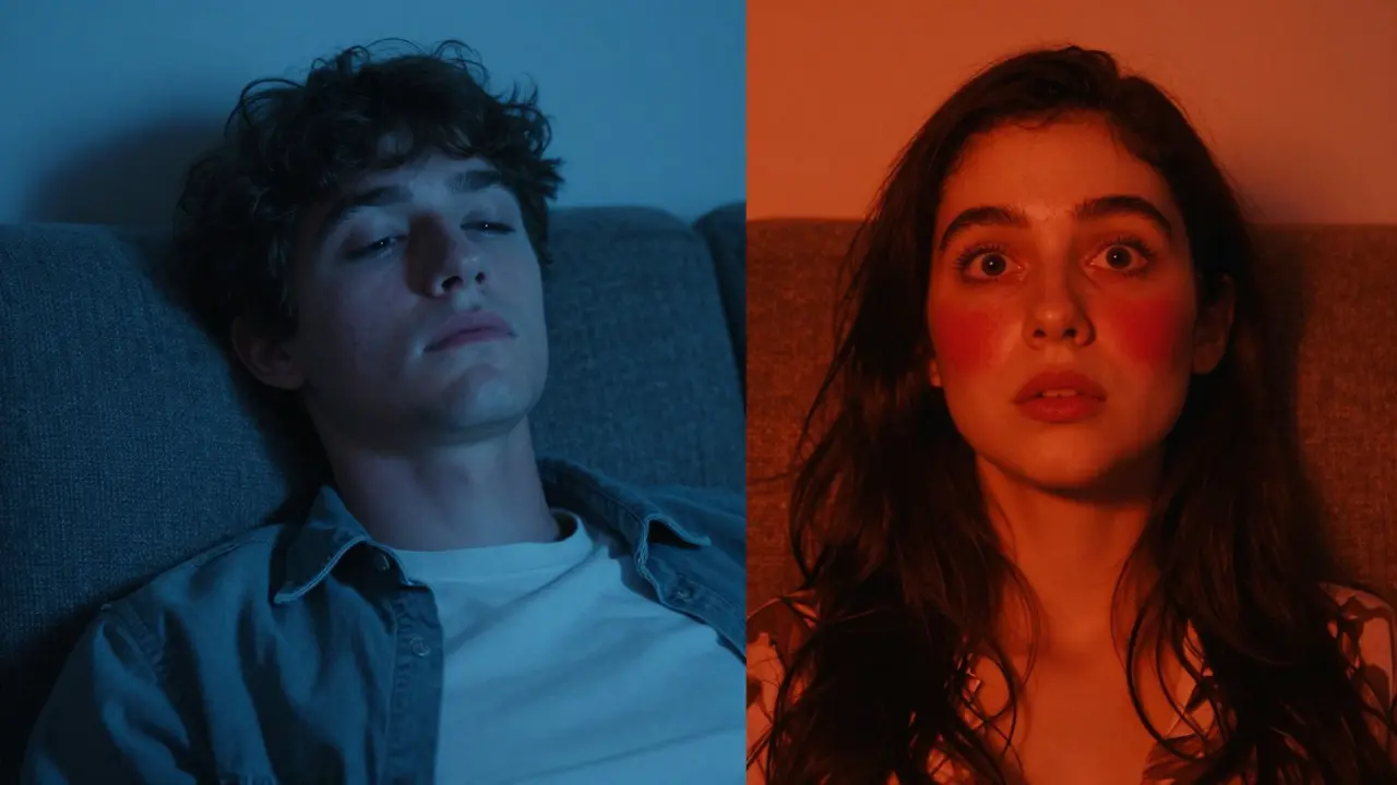 Zwei Personen: eine ruhig mit HHC-O, eine intensiv betroffen von Delta-9-THC.