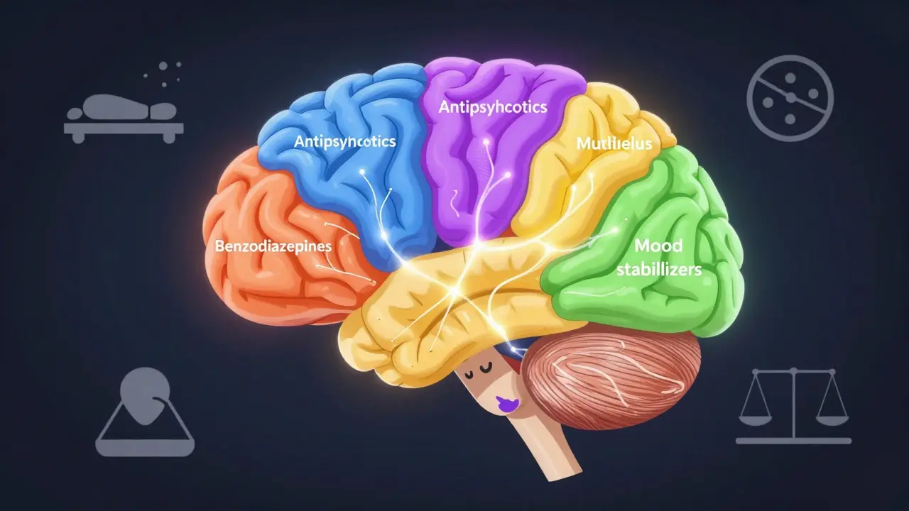 Abstrakte Darstellung eines Gehirns mit fünf farbigen Medikamentenbereichen