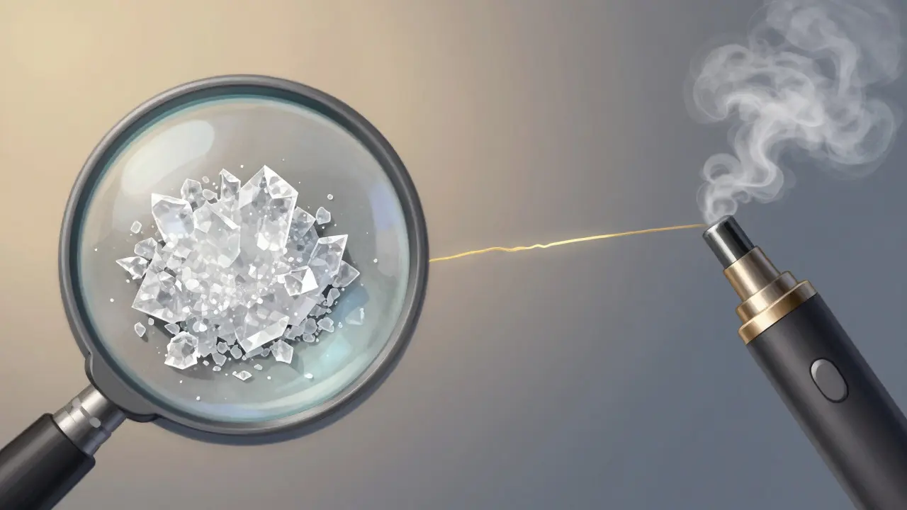 Aufgeteilte Darstellung von CBD-Kristallen und einem Vape-Stift mit verbindendem Lichtstrahl