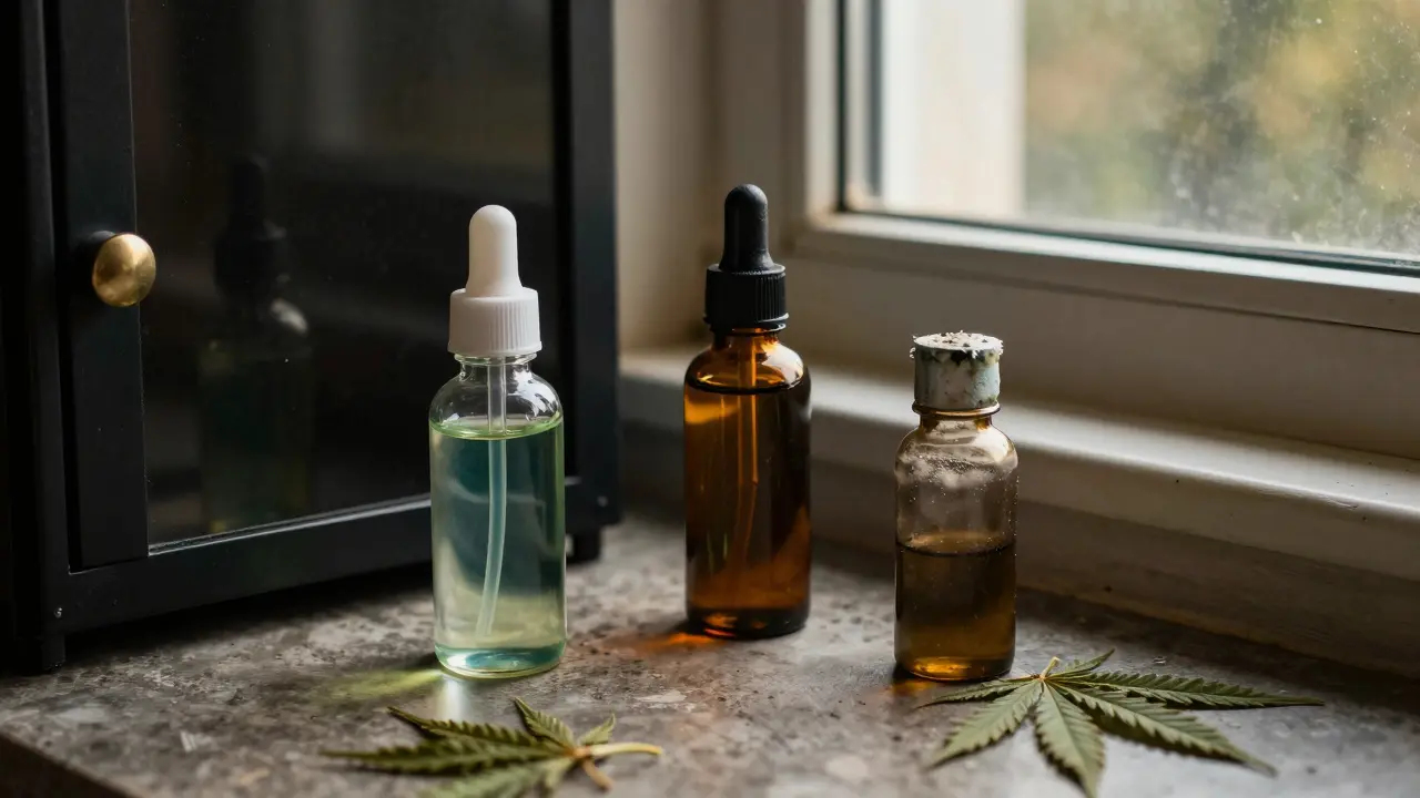 Drei Cannabis-Tinkturen im Vergleich: eine frisch, eine verdorben, eine richtig gelagert.