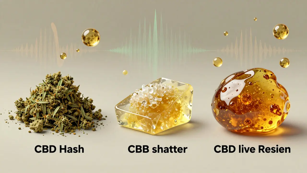 Drei CBD-Konzentrate nebeneinander: Hash, Shatter und Live Resin mit terpenenartigen Wellen.