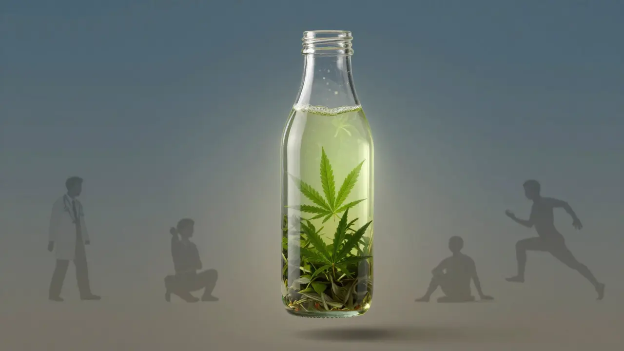 Durchscheinende Flasche mit grüner Flüssigkeit, die in sanftes Licht verwandelt wird, umgeben von Silhouetten alltäglicher Menschen.