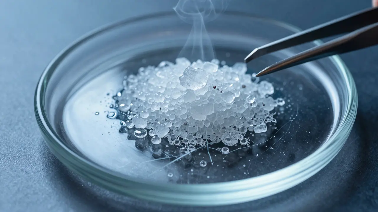 Durchscheinendes CBD-Shatter auf Glasplatte mit feinem Dampf und Zangen