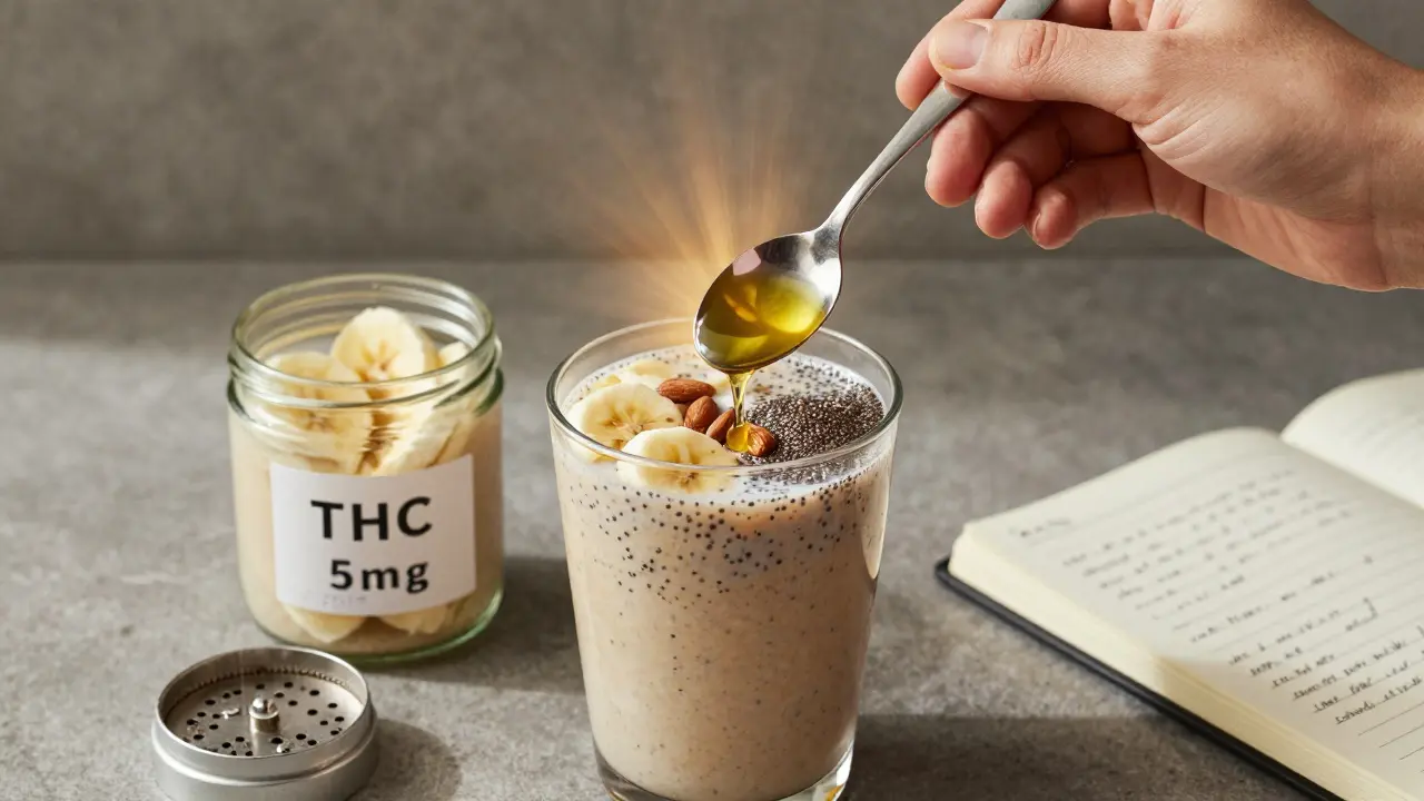 Ein Teelöffel Cannabis-Öl wird in einen Smoothie gerührt, mit beschriftetem Glas daneben.