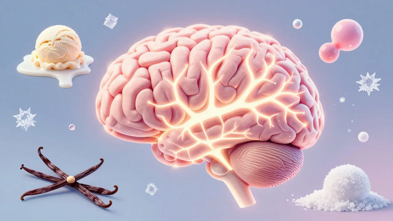 Gehirn mit leuchtenden Bereichen, die Geschmack und Belohnung aktivieren, umgeben von Eiscreme- und Cannabis-Symbolen.