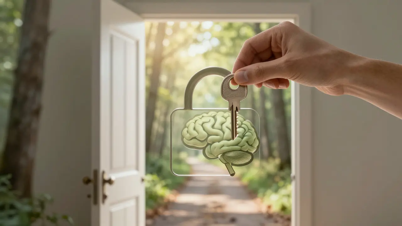 Hand legt einen Schlüssel in ein Gehirn-förmiges Schloss, dahinter ein sonniger Pfad