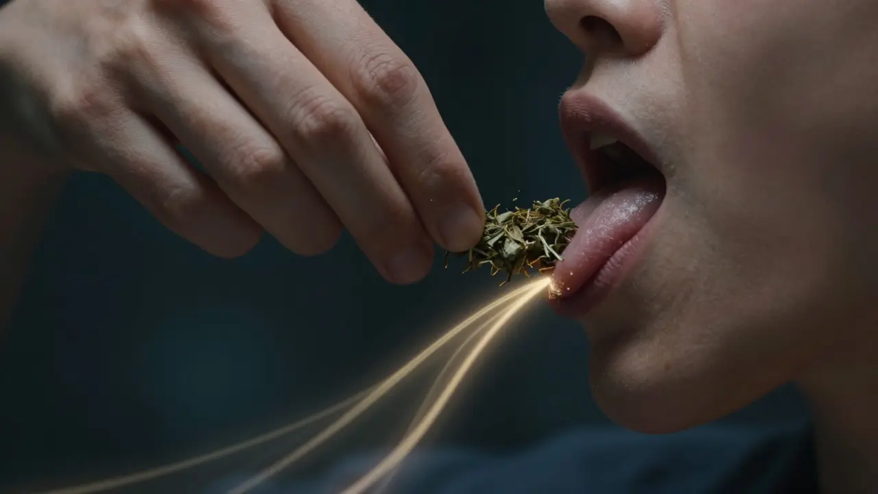 Hand mit Hanfblüten unter der Zunge, symbolisch für die Aufnahme von CBD durch die Schleimhäute.