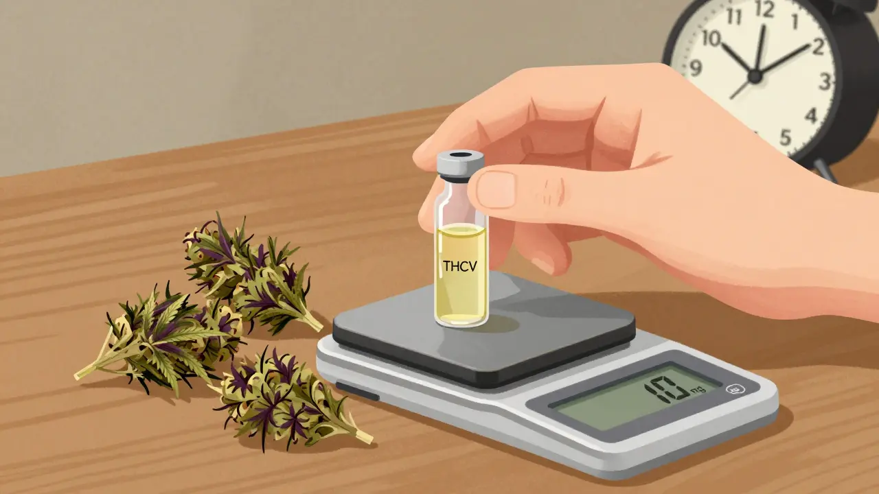 Hand mit THCV-Ölvial und Cannabisblüten neben einer Waage, die 10 mg anzeigen.