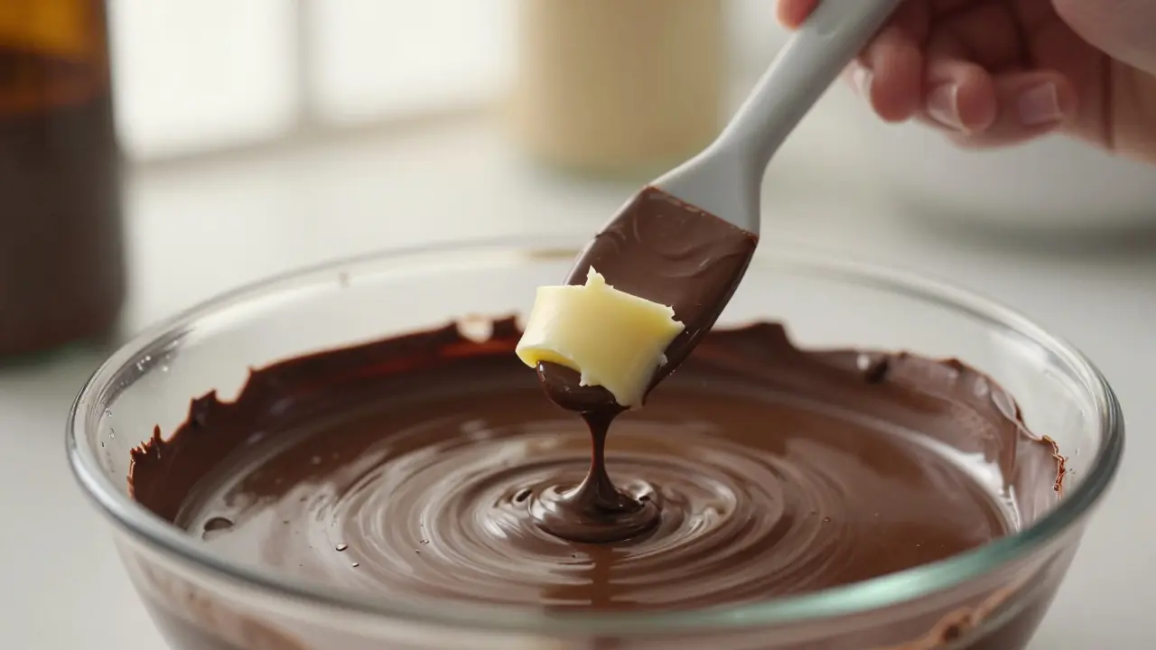 Hand rührt geschmolzene Schokolade vorsichtig, während Cannabisbutter hinzugefügt wird.