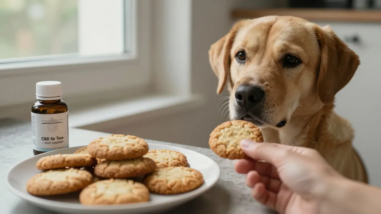 Hund blickt auf CBD-Kekse, die als Futtermittel nicht zugelassen sind.