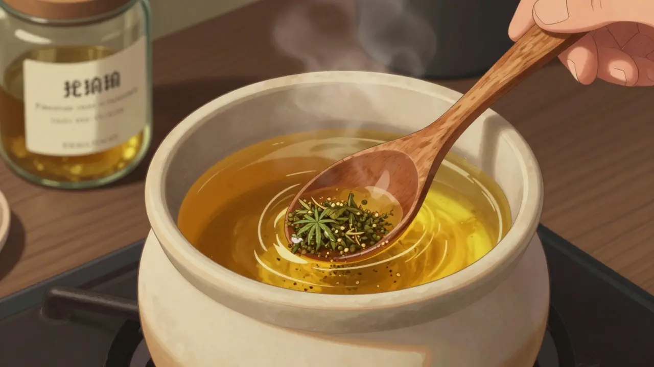 Kokosöl mit gemahlenem Cannabis sanft erwärmt, goldenes Licht strahlt aus dem Topf.