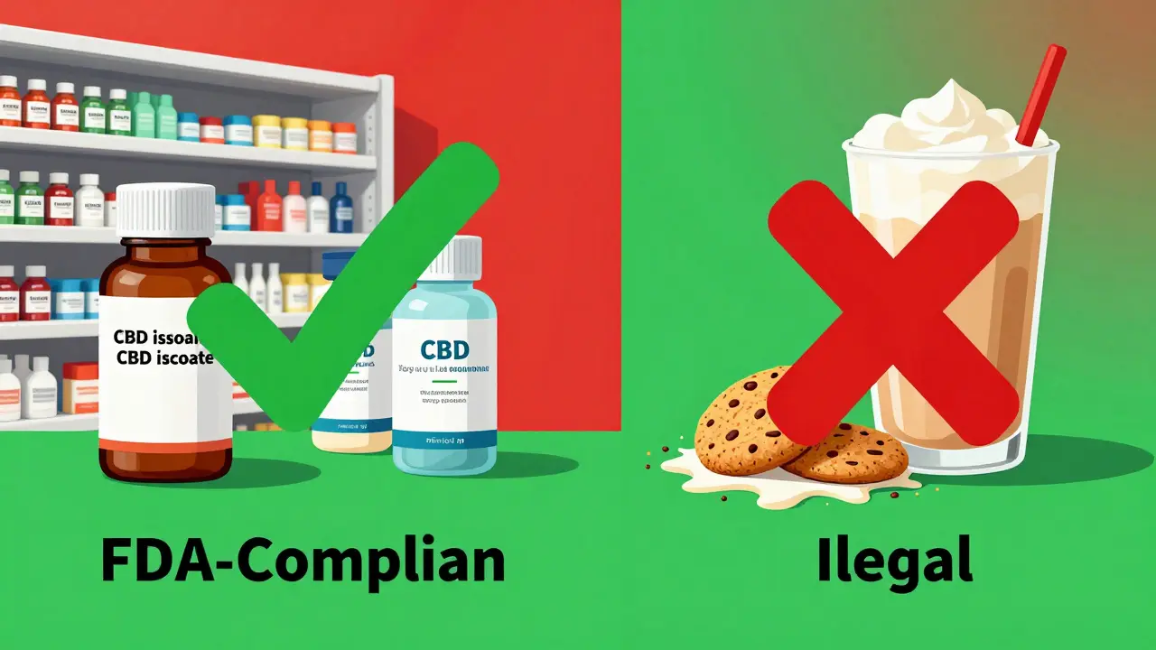 Linker Teil: legaler CBD-Kapselverkauf in der Apotheke; rechter Teil: verbotene CBD-Lebensmittel mit rotem X