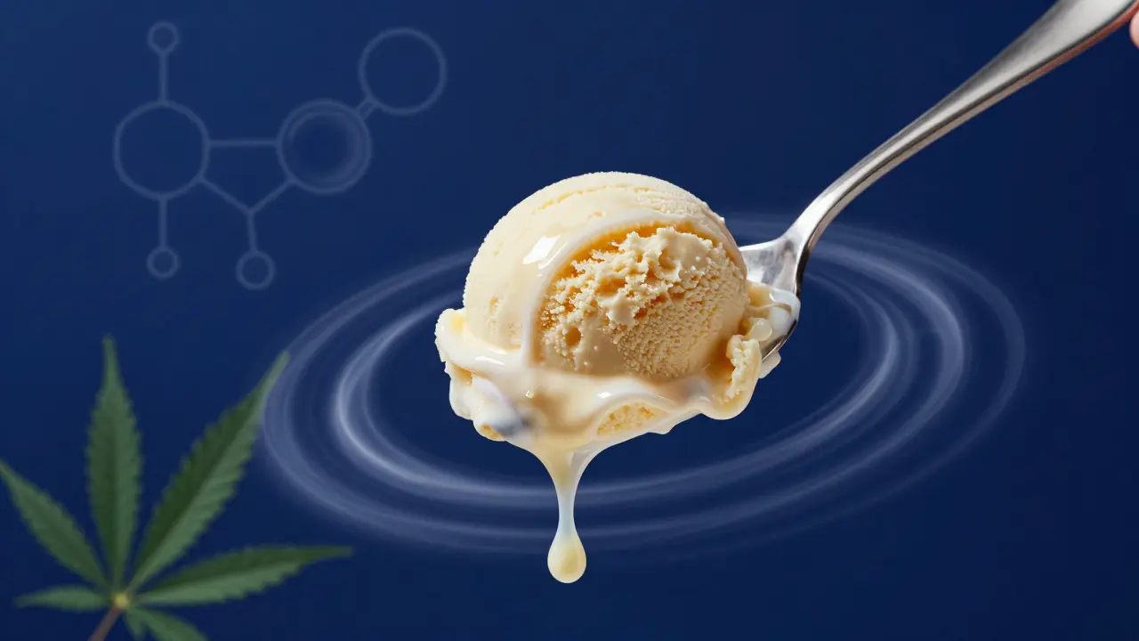 Löffel mit schmelzendem Eiscreme, Tropfen in der Luft, leicht durchscheinende Cannabis- und Kältewellen im Hintergrund.