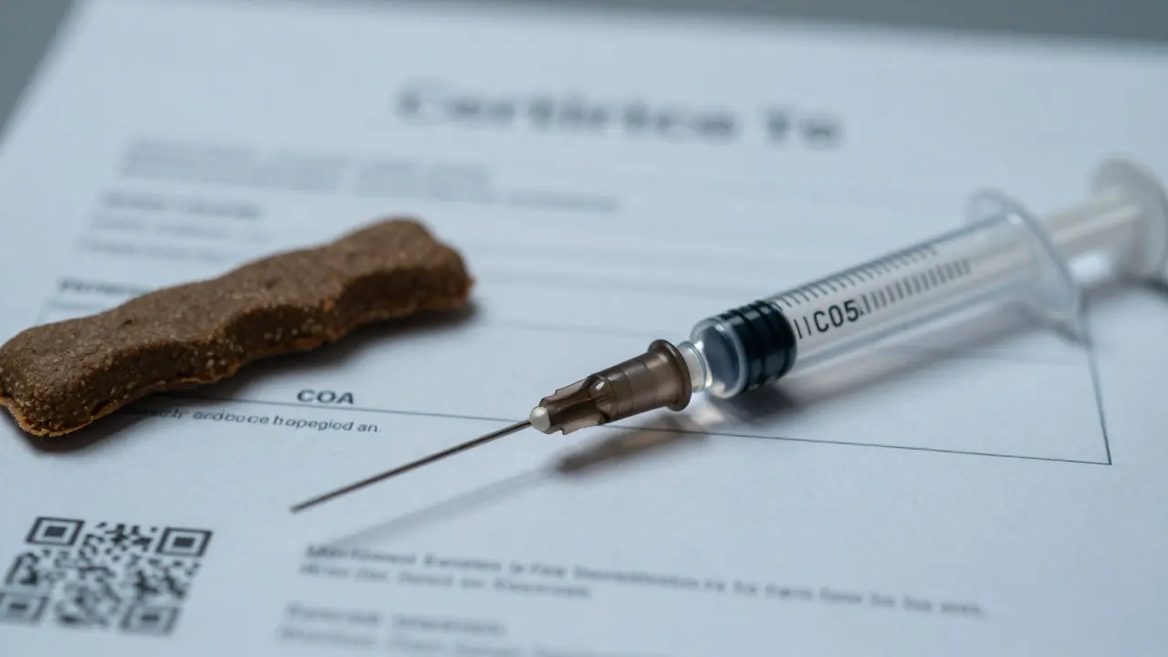 Medizinische Spritze misst genau 0,05 ml CBD-Öl neben einem Leckerli und Zertifikat.