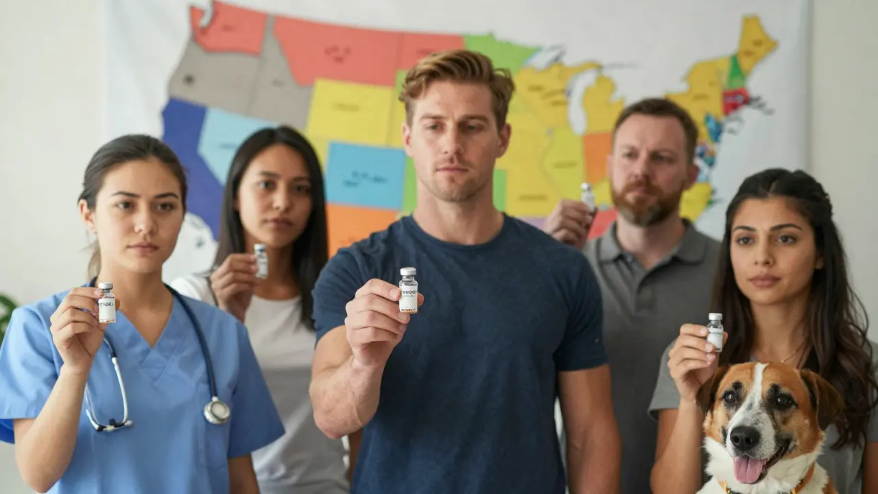 Menschen mit CBD-Isolat vor einer US-Kartenübersicht, Bundesstaaten in Farben hervorgehoben