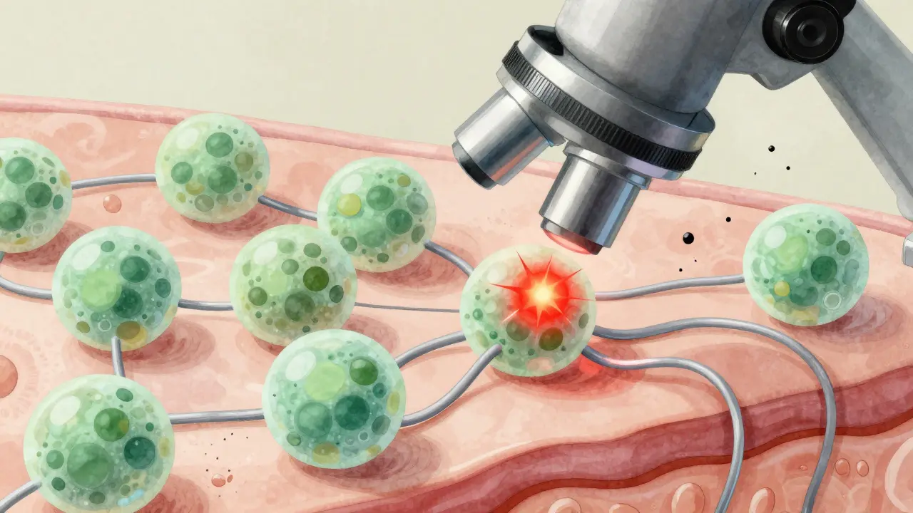 Mikroskopische Ansicht von CBD-Molekülen, die Hautentzündungen reduzieren und Kollagen stärken