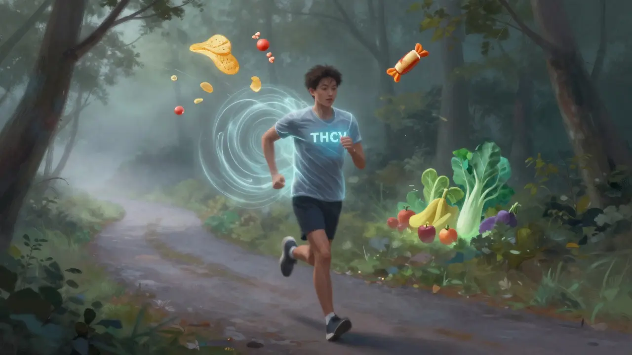 Person beim Joggen, die appetitzügelnde Energie wellenförmig um sich herum wirkt.