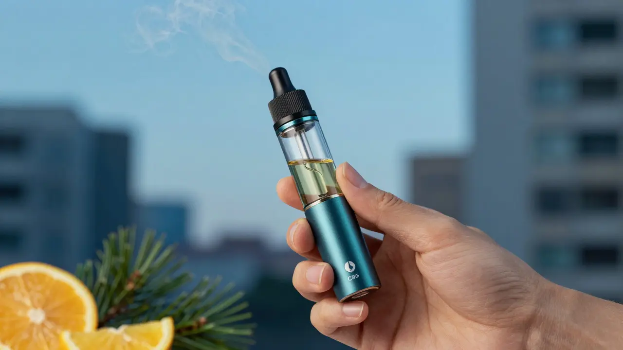 Portabler CBD-Vape-Stift, der einen feinen Dampf in der Abenddämmerung freisetzt