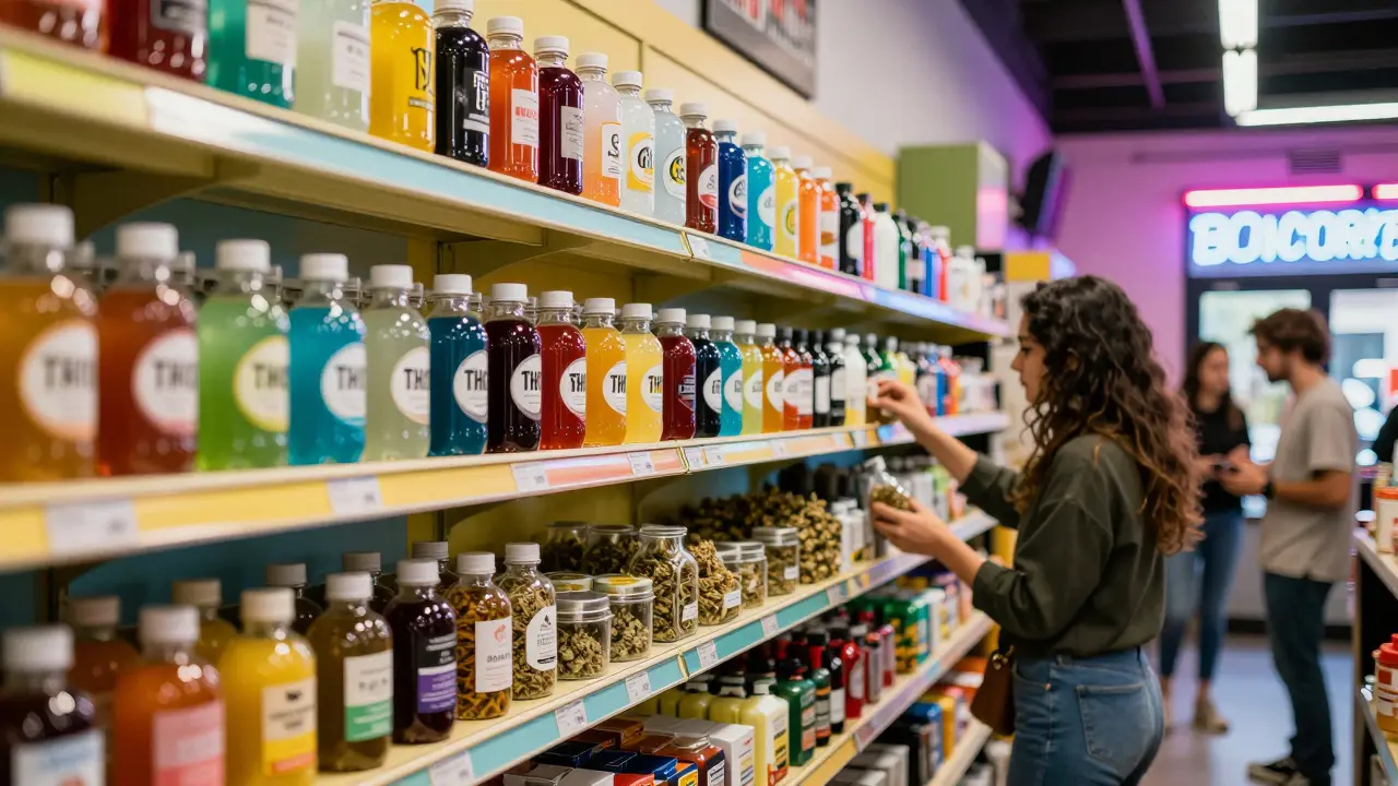 Regal mit Cannabis-Getränken in einer US-Dispensary, neben Blüten, in modernem Design.