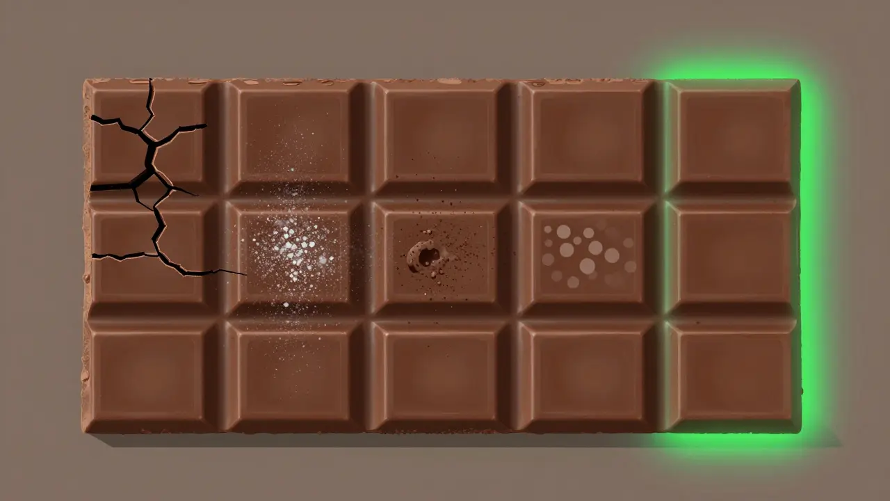 Schokoladenriegel mit fünf verschiedenen Zuständen, darunter Fettausblühung und Klumpen.