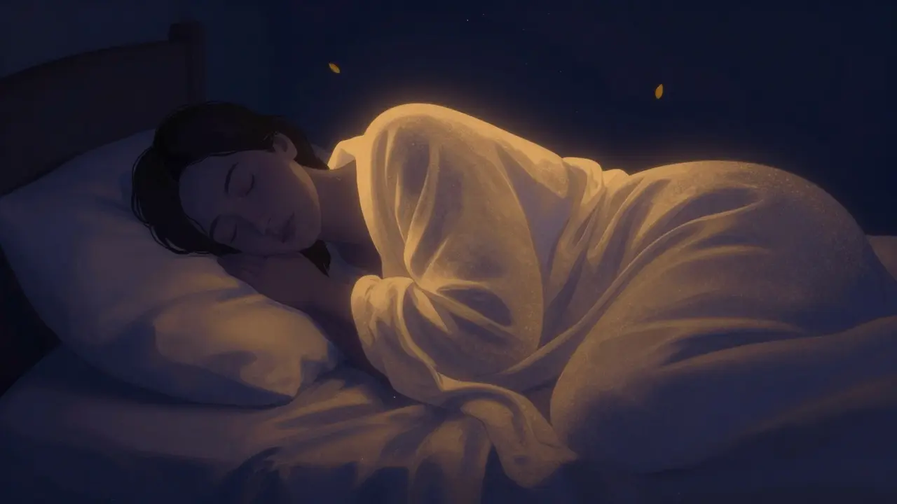 Silhouette wrapped in warm light, sinking peacefully into bed under CBN's sedative effect.