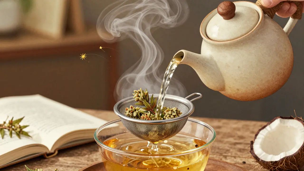 Tee aus Hanfblüten mit Kokosöl, der in einer Tasse zieht, in einem gemütlichen Abendsetting.