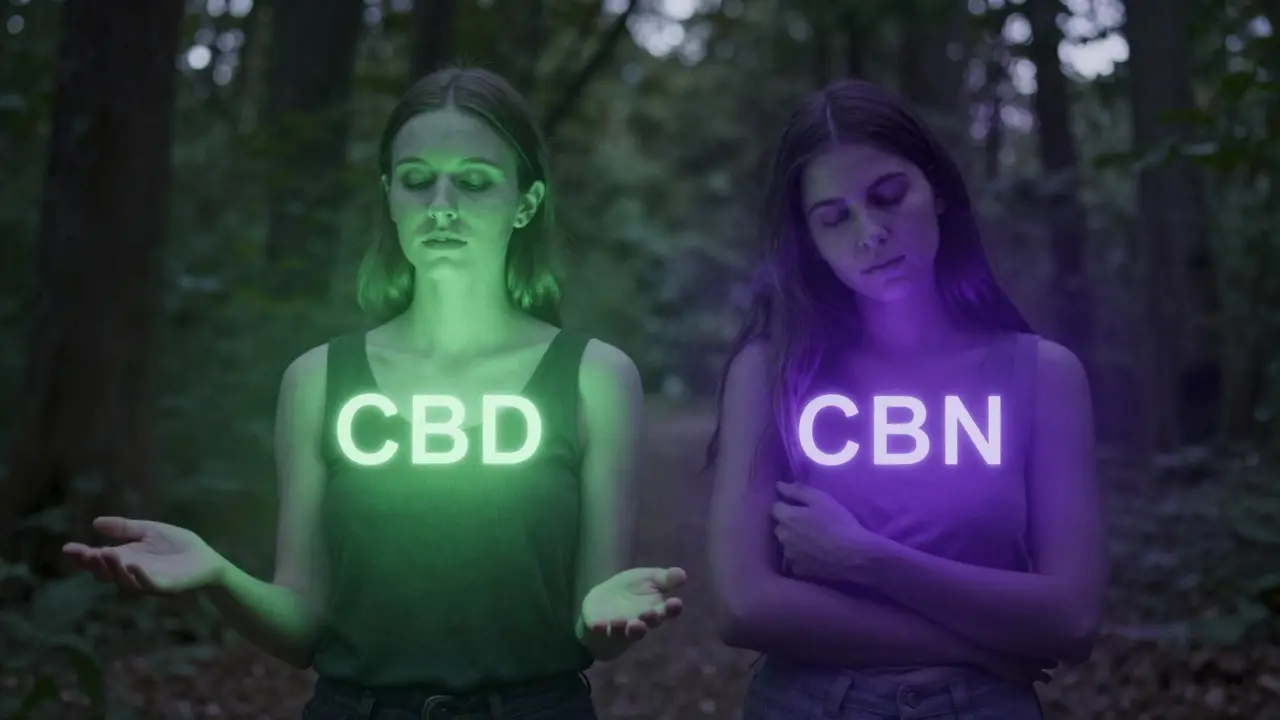 Two figures side by side, one glowing green (CBD), one in purple haze (CBN), symbolizing synergy.