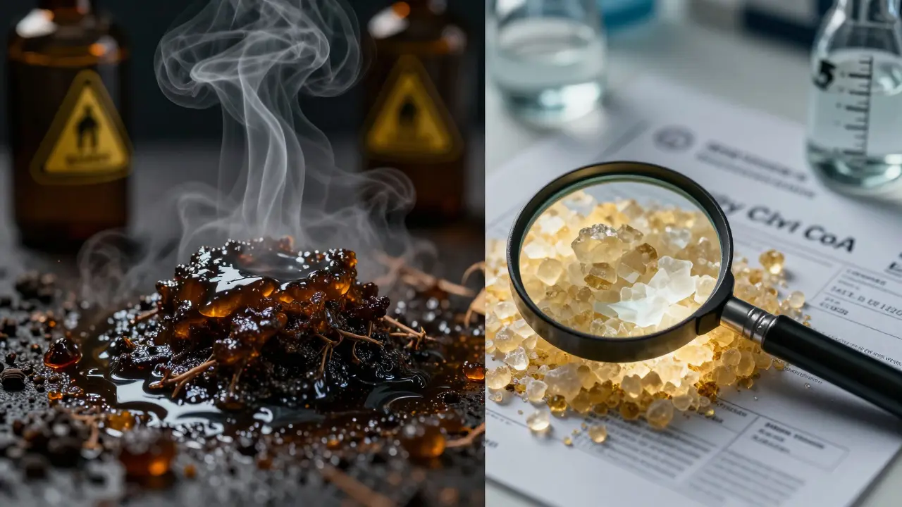 Vergleich: verschmutztes CBD links, reines CBD-Crumble rechts unter Lupe