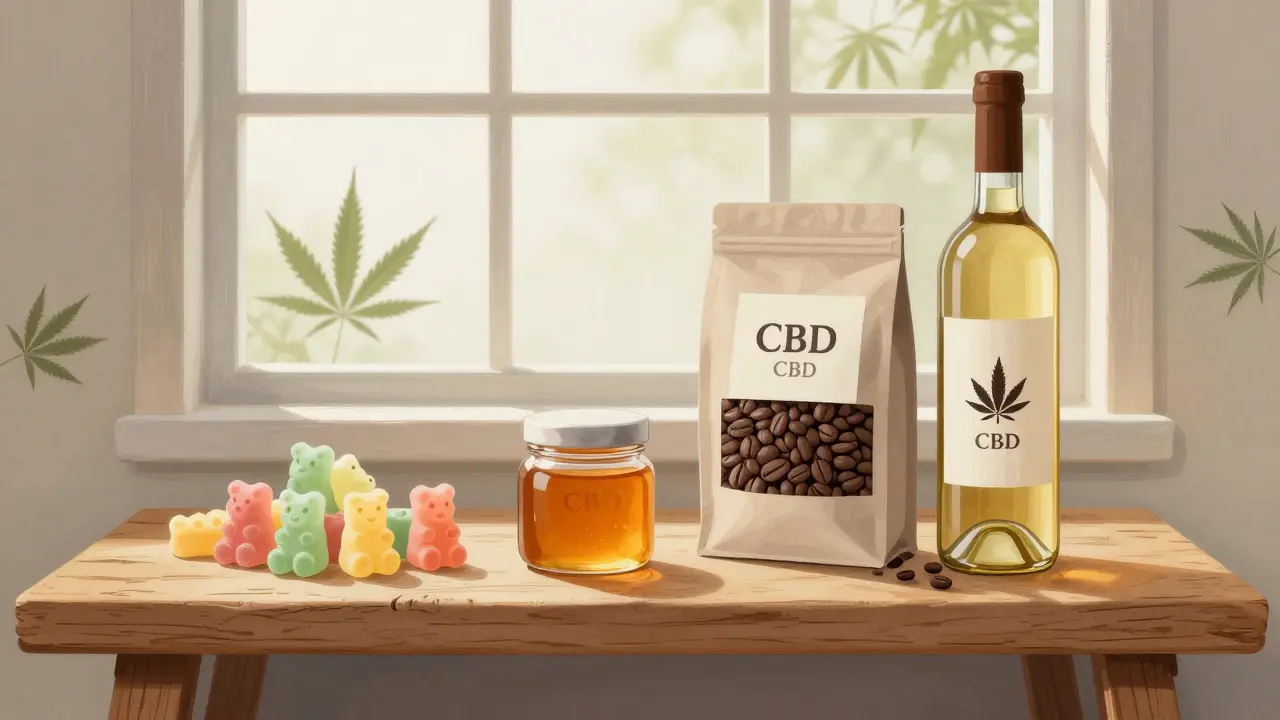 Verschiedene CBD-Edibles wie Gummibärchen, Honig und Kaffee auf einem holzigen Regal.