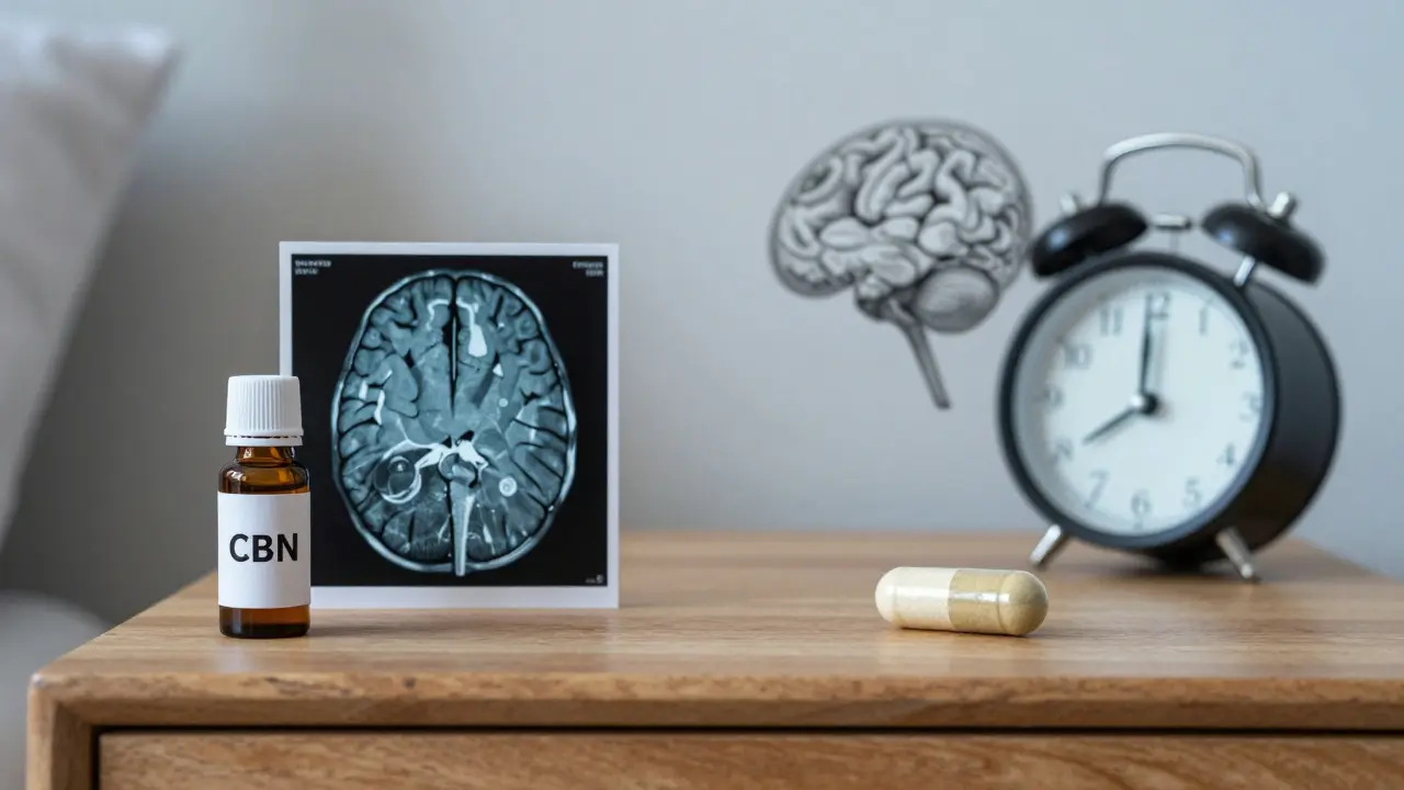 Waage mit CBN-Öl und Delta-8-Kapsel, jeweils neben symbolischen Darstellungen von Gehirn und Gedanken, in ruhigem Nachtlicht.