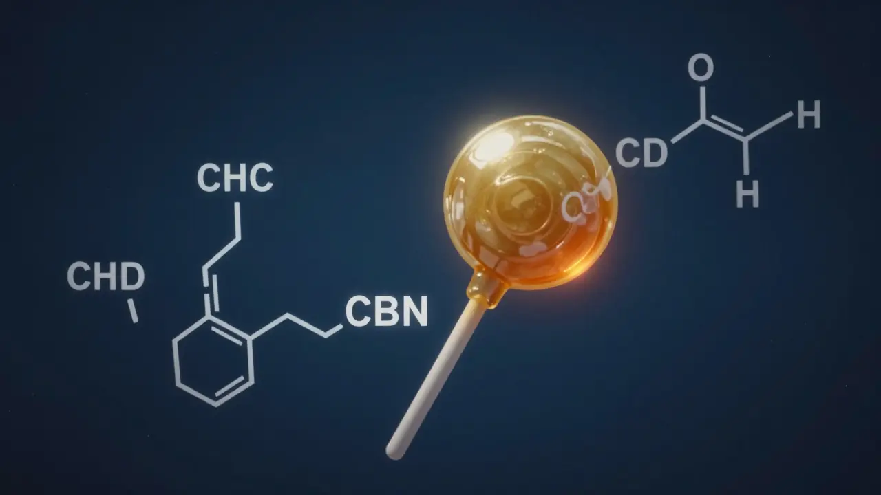 Abstrakte Darstellung, wie THC in CBN umgewandelt wird, mit schwebenden Molekülen und farblichem Übergang.