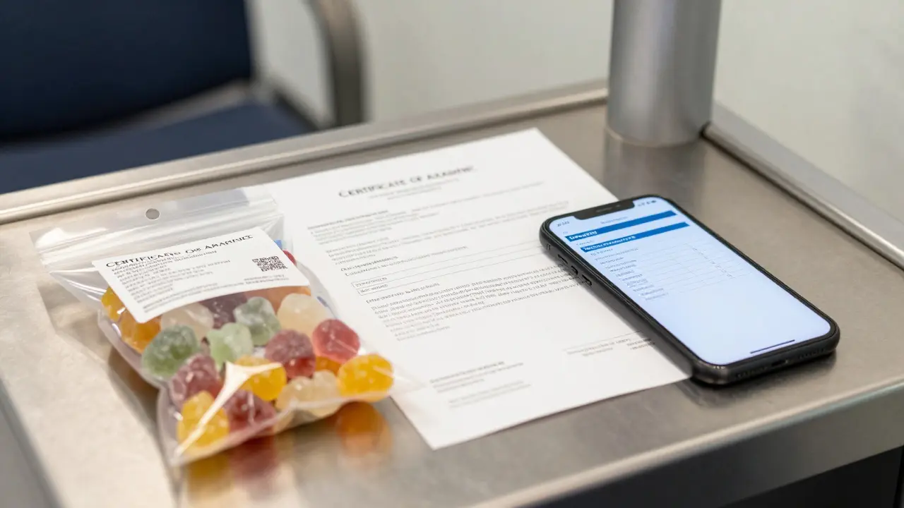 CBD-Gummibonbons mit Zertifikat und Smartphone-Anzeige eines Laborberichts auf einem Sicherheitstisch.