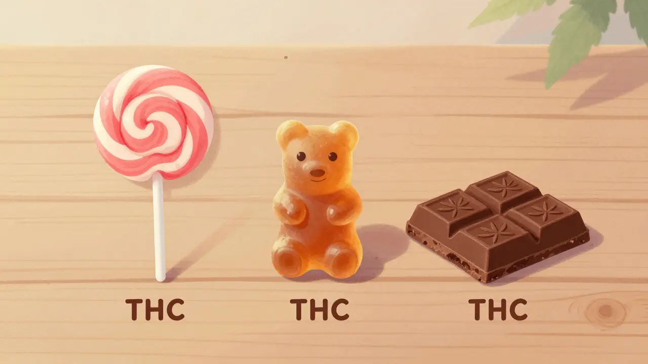 Drei Cannabis-Edibles im Vergleich: Lutschbonbon, Gummibärchen, Schokolade
