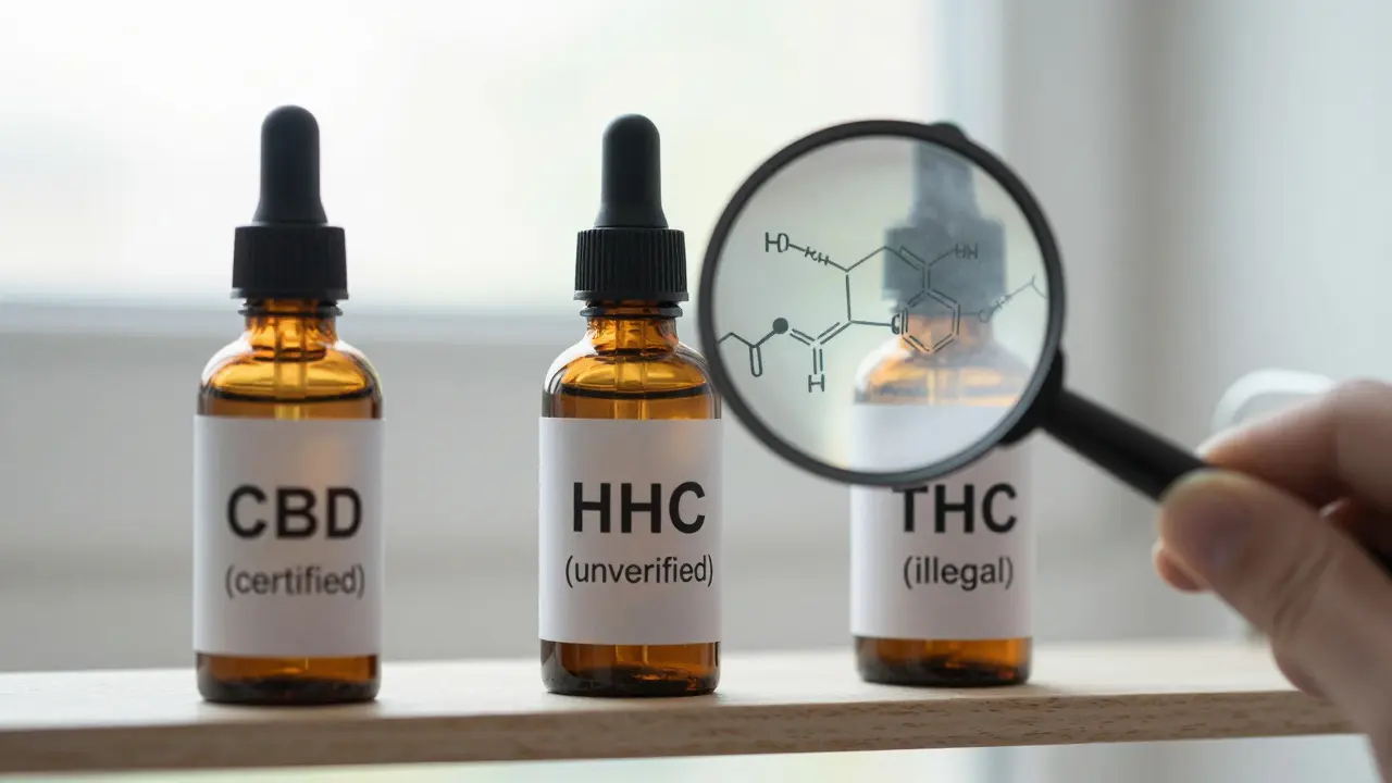 Drei Flaschen mit CBD, HHC und THC, wobei die HHC-Flasche unter der Lupe THC-Metaboliten offenbart.