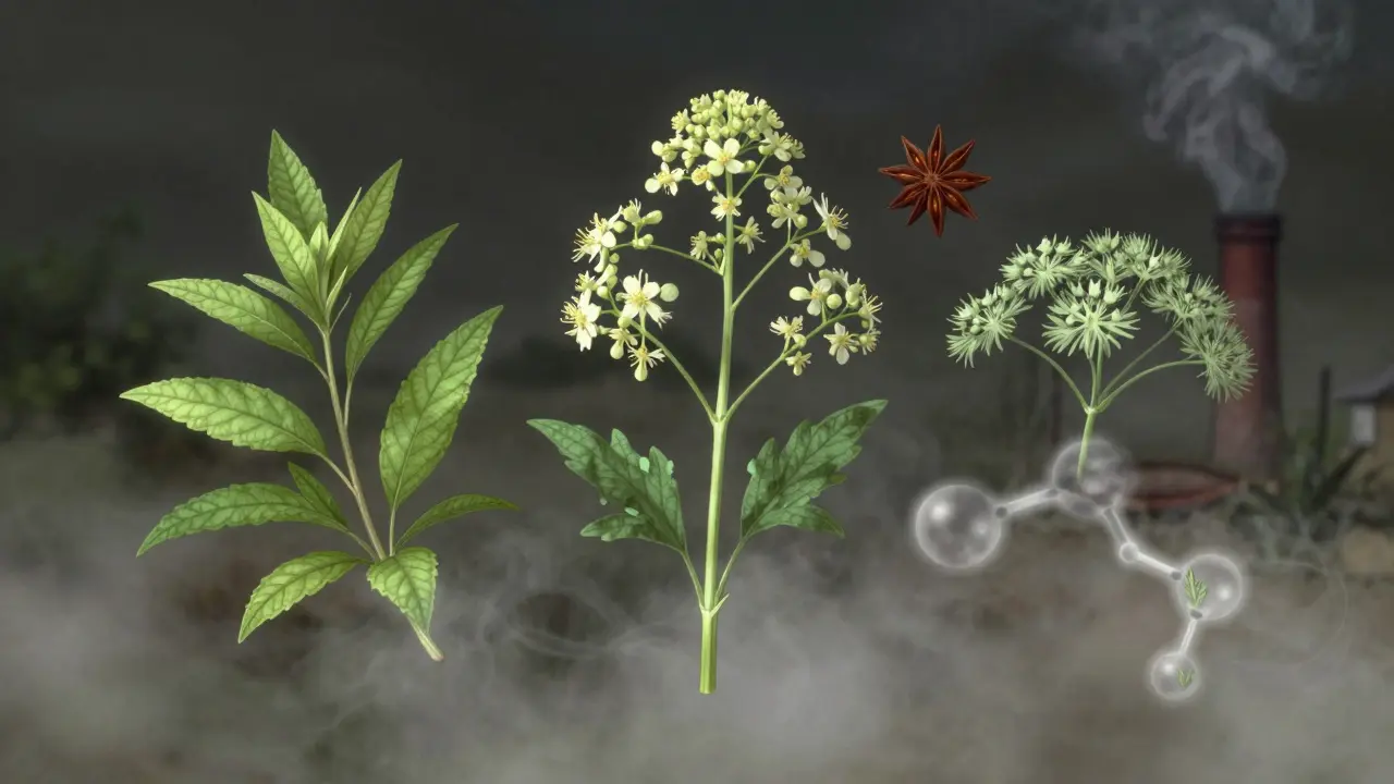 Drei Kräuter — Wermut, Anis und Fenchel — schweben in der Luft, umgeben von einem Nebel, der die Form eines Alkohol-Moleküls annimmt.