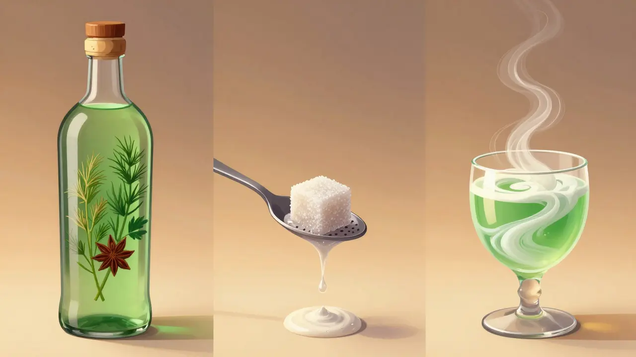 Drei Szenen zeigen die Zubereitung von Absinth: Flasche, Zucker, Louche-Effekt – als symbolische Darstellung des Rituals.