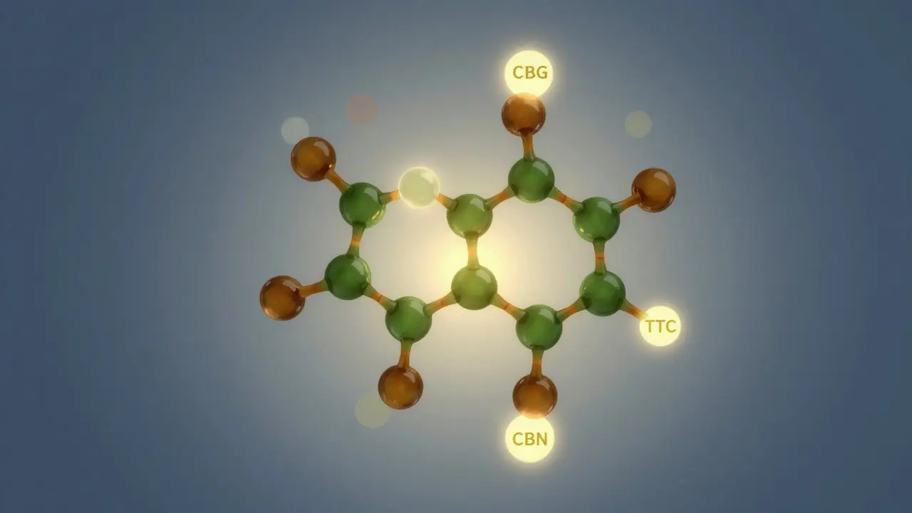 Ein abstraktes Lichtmuster zeigt CBD und andere Cannabinoide als verbundene, harmonisch leuchtende Elemente in warmen Farben.